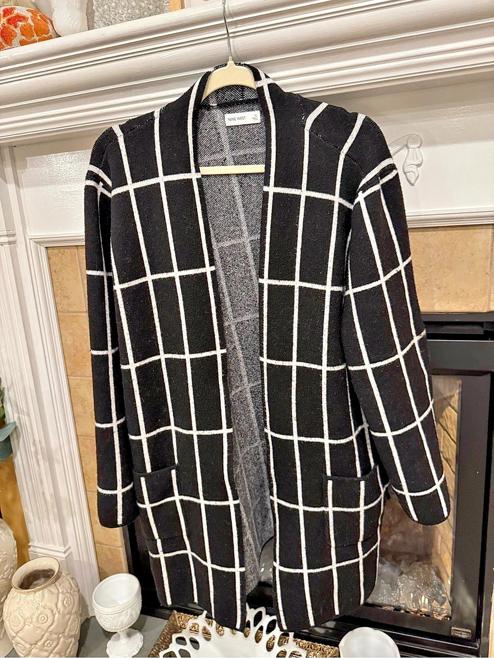 ✨ Nine West Black White Windowpane Plaid Longline Cardigan XL EUC ✨ - Picture 1 of 5